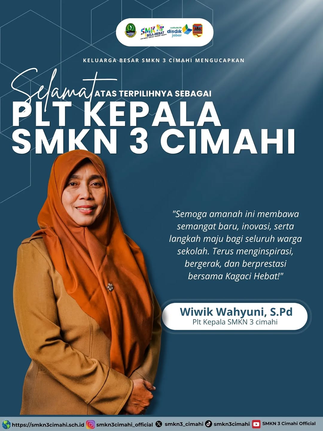 Selamat dan sukses atas terpilihnya Ibu Wiwik Wahyuni, S.Pd. sebagai Plt Kepala SMKN 3 Cimahi.
